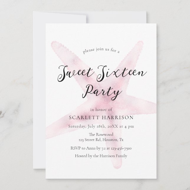 Watercolor Pink Beach Sweet Sixteen Party Invitation (Front)