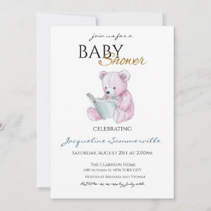 Watercolor Pink Bear Baby Shower It's a Girl Invitation