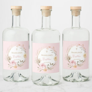 watercolor pink beige flowers Baptism Liquor Bottle Label