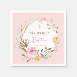 watercolor pink beige flowers Baptism Napkin