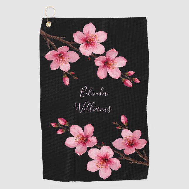 Watercolor Pink Black Cherry Blossom Monogram  Golf Towel (Front)