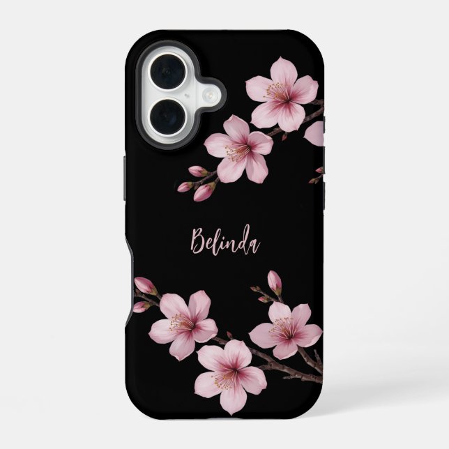 Watercolor Pink Black Cherry Blossom Monogram  iPhone 16 Case (Back)