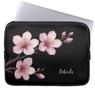 Watercolor Pink Black Cherry Blossom Monogram  Laptop Sleeve