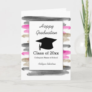 Watercolor Pink Black Gold Glitter Graduation Card