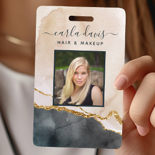 Watercolor Pink Black Gold Marble Salon ID Badge