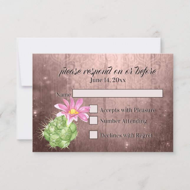 Watercolor Pink Blooming Cactus Wedding RSVP Card (Front)