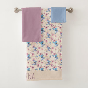 Watercolor pink blue Butterfly pattern name Bath Towel Set