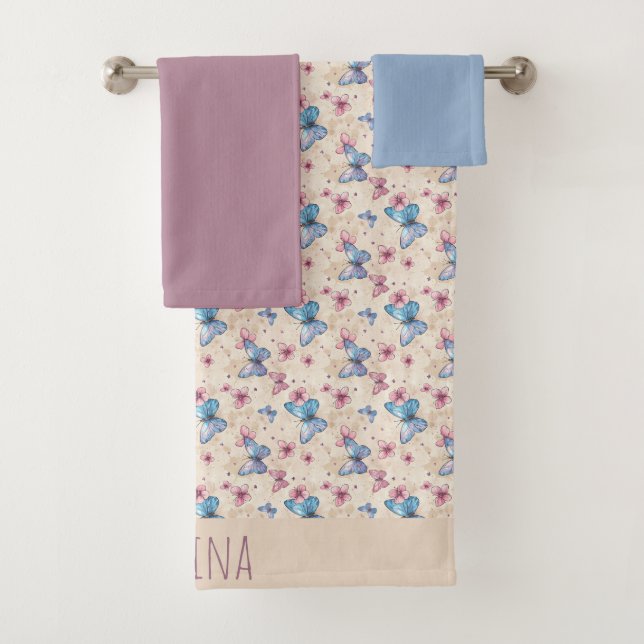 Watercolor pink blue Butterfly pattern name  Bath Towel Set (Insitu)