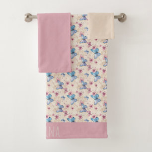 Watercolor pink blue Butterfly pattern name Bath Towel Set