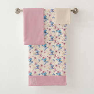 Watercolor pink blue Butterfly pattern name Bath Towel Set