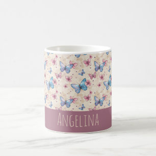 Watercolor pink blue Butterfly pattern name Coffee Mug