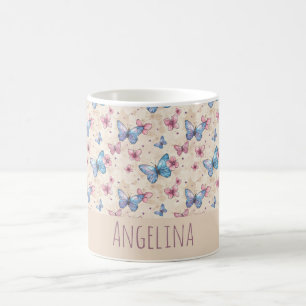 Watercolor pink blue Butterfly pattern name Coffee Mug