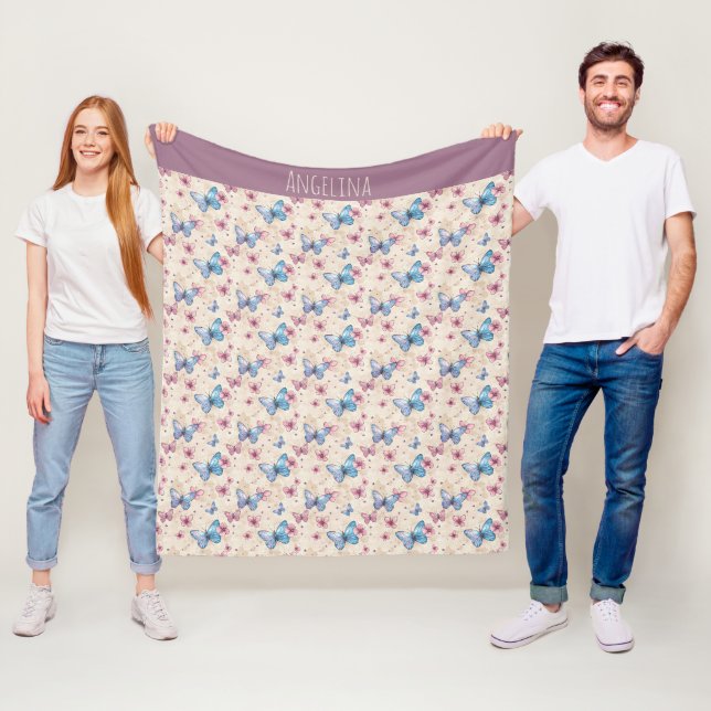 Watercolor pink blue Butterfly pattern name  Fleece Blanket (In Situ)