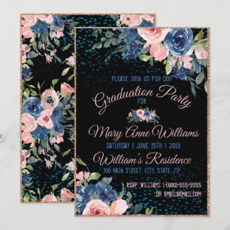 Watercolor Pink Blue Elegant Floral Graduation Invitation