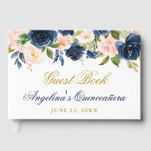 Watercolor Pink Blue Floral Quinceanera  Guest Book