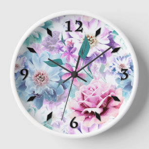 Watercolor pink, blue flowers. clock