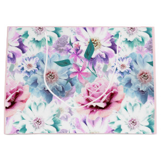 Watercolor pink, blue flowers. large gift bag