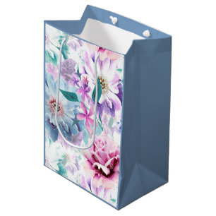 Watercolor pink, blue flowers. medium gift bag