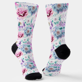 Watercolor pink, blue flowers. socks