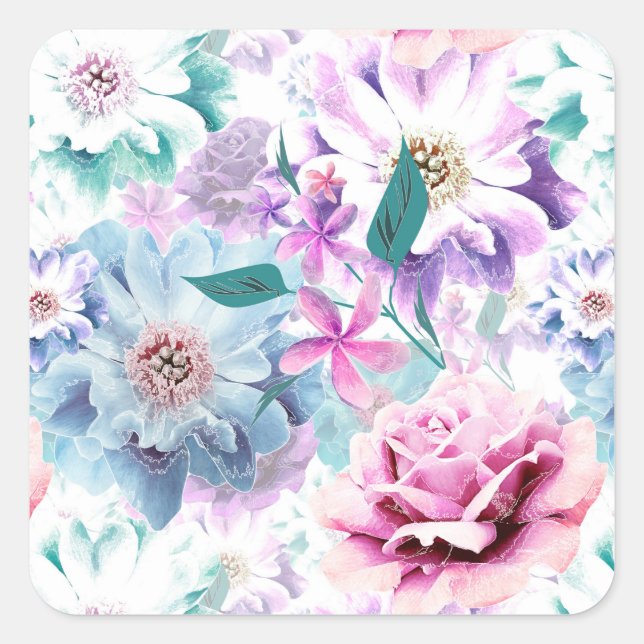 Watercolor pink, blue flowers. square sticker (Front)