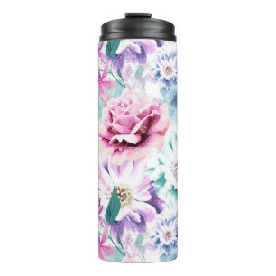 Watercolor pink, blue flowers. thermal tumbler