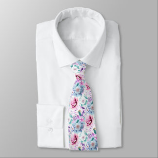 Watercolor pink, blue flowers. tie
