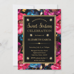 Watercolor Pink Blue & Gold Flowers Sweet 16 Invitation