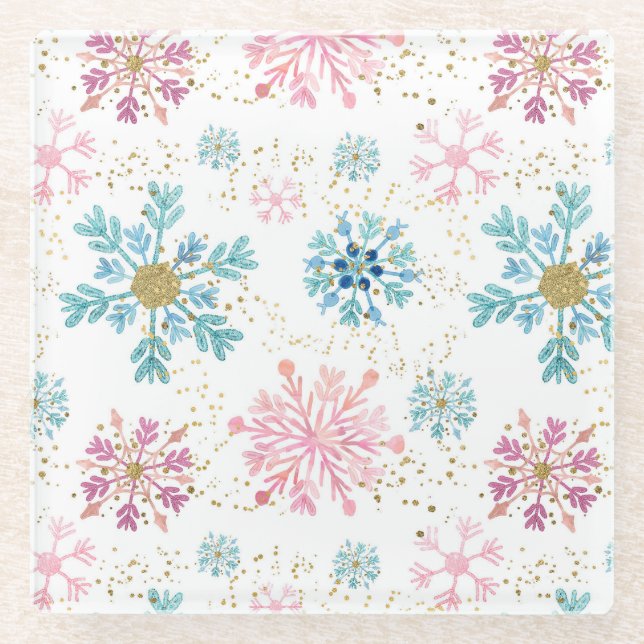 Watercolor Pink, Blue & Gold Winter Snowflakes Glass Coaster (Front)