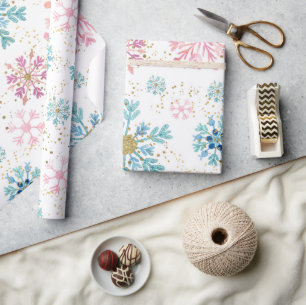Watercolor Pink, Blue & Gold Winter Snowflakes Wrapping Paper