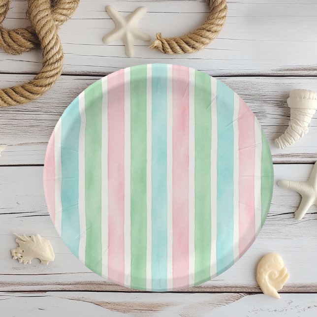 Watercolor Pink Blue Green Striped  Paper Plate (Creator Uploaded)