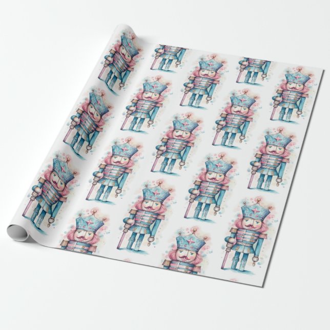 Watercolor Pink Blue Nutcracker Wrapping Paper (Unrolled)