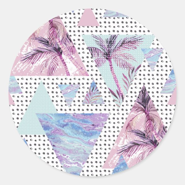 Watercolor Pink & Blue Palm Tree Pattern Classic Round Sticker (Front)
