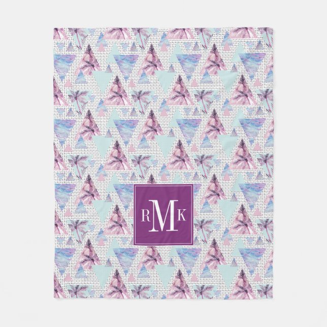 Watercolor Pink & Blue Palm Tree Pattern Fleece Blanket (Front)