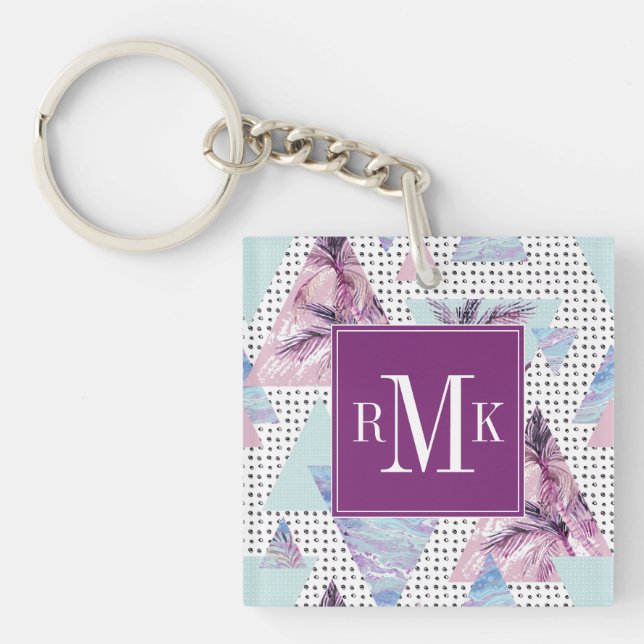 Watercolor Pink & Blue Palm Tree Pattern Key Ring (Front)