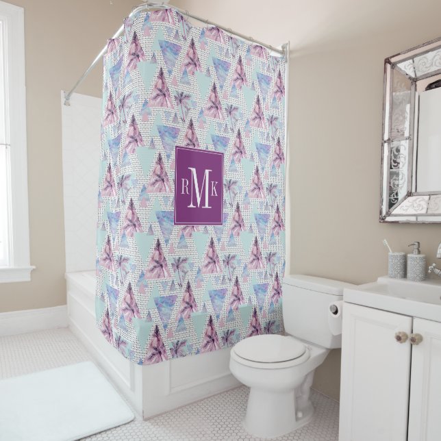 Watercolor Pink & Blue Palm Tree Pattern Shower Curtain (In Situ)