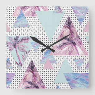 Watercolor Pink & Blue Palm Tree Pattern Square Wall Clock