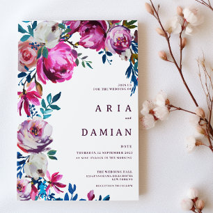 Watercolor pink blue purple white floral Wedding  Invitation