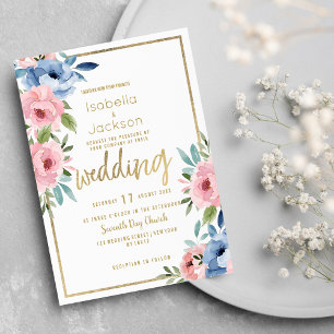 Watercolor pink blue white gold floral Wedding Invitation