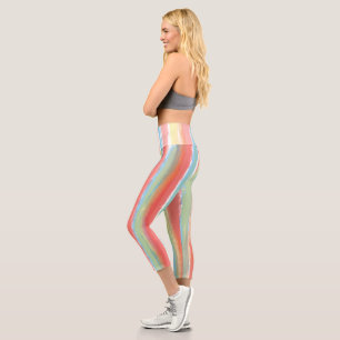 Watercolor Pink Blue Yellow Vertical Stripes Capri Leggings