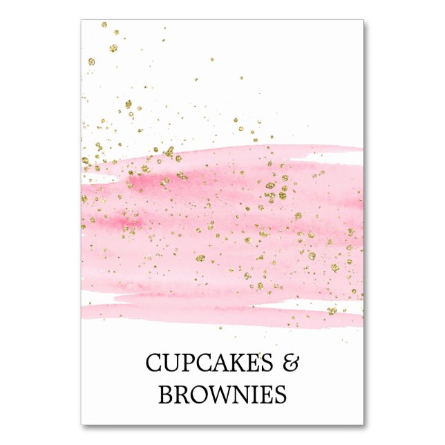 Watercolor Pink Blush and Gold Food Tent Cards (Front)