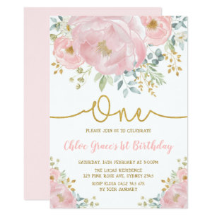 Watercolor Pink Blush Floral 1st Birthday Party Invitation