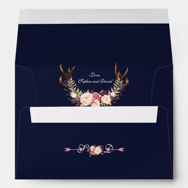Watercolor Pink Blush Floral Antlers Navy Wedding Envelope (Back (Bottom))