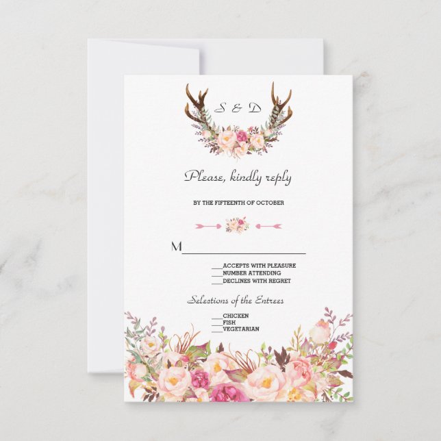 Watercolor Pink Blush Floral Antlers Wedding RSVP Card (Front)