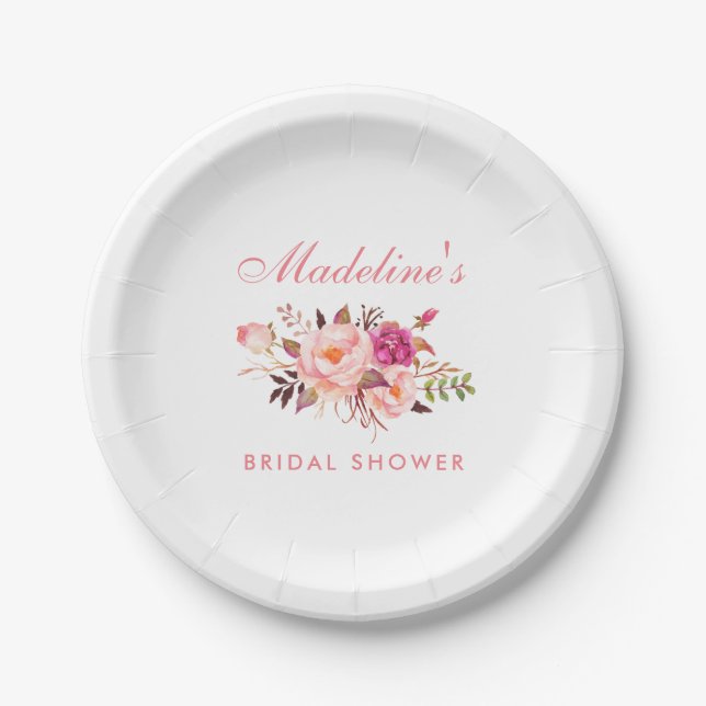 Watercolor Pink Blush Floral Bridal Shower Paper Plate (Front)