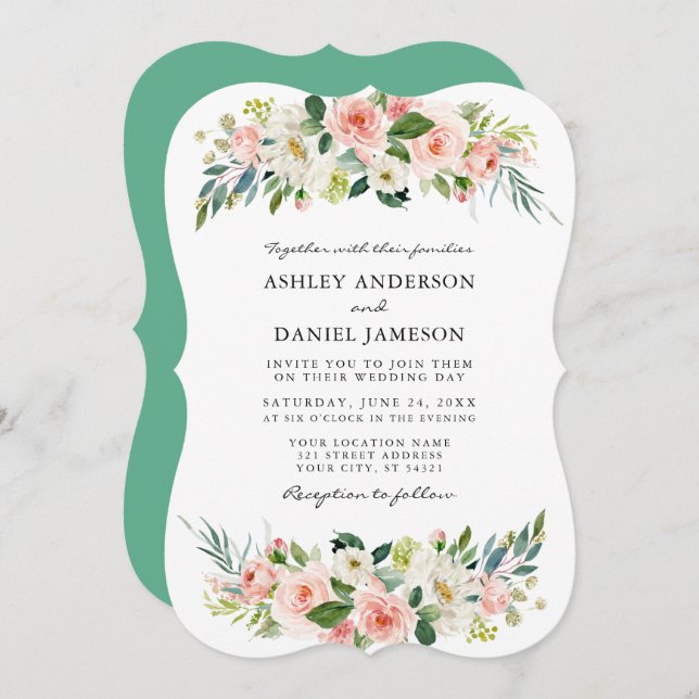 Watercolor Pink Blush Floral Elegant Neo Mint Invitation (Front/Back)