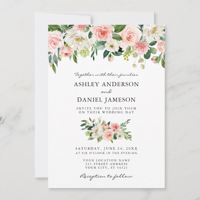Watercolor Pink Blush Floral Elegant Wedding W Invitation (Front)