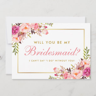 Watercolor Pink Blush Floral Gold Be My Bridesmaid Invitation