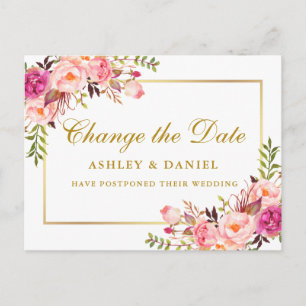 Watercolor Pink Blush Floral Gold Change The Date Postcard