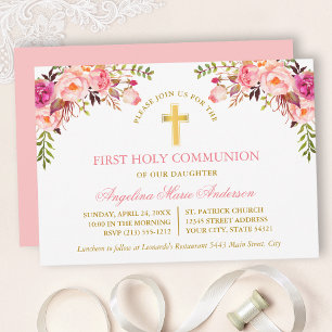 Watercolor Pink Blush Floral Gold Communion Invitation