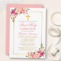 Watercolor Pink Blush Floral Gold First Communion